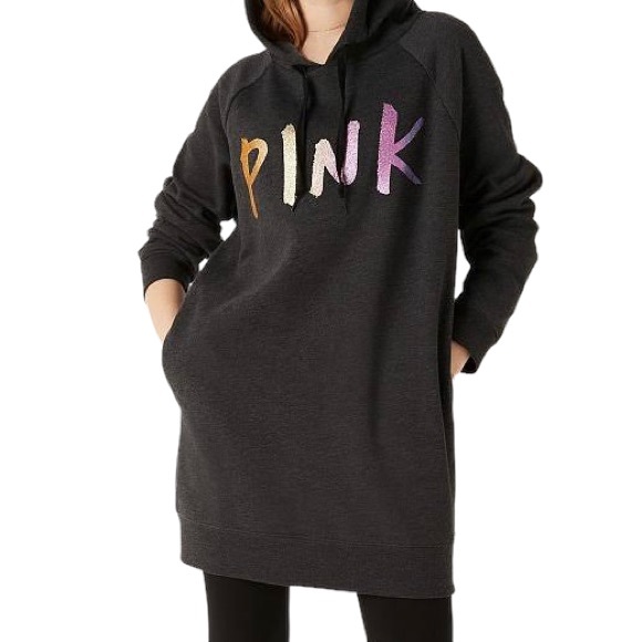 PINK Victoria's Secret Tops - Victoria's Secret PINK Hoodie Tunic Sweatshirt Dress Gray Ombre Glitter Logo